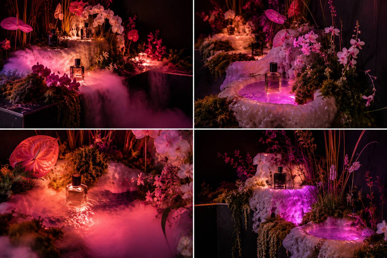 Four-image botanical scent reference showing perfume bottles among flowers, moss and illuminated mist
